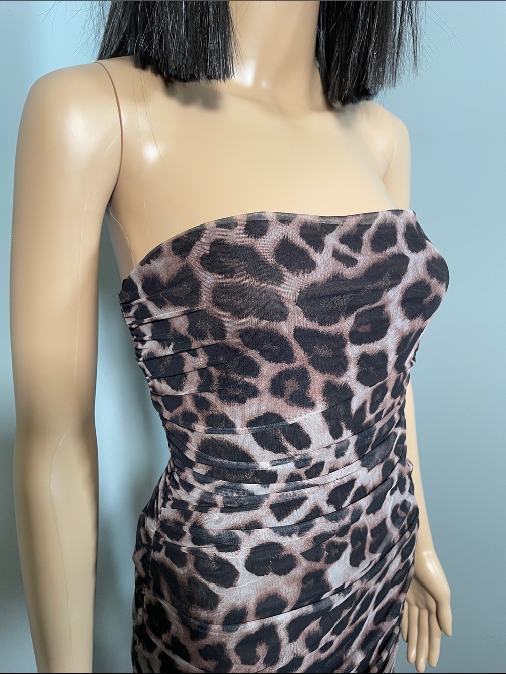 Lena Strapless Leopard Ruched Maxi Dress in Brown - Picture 3 of 7